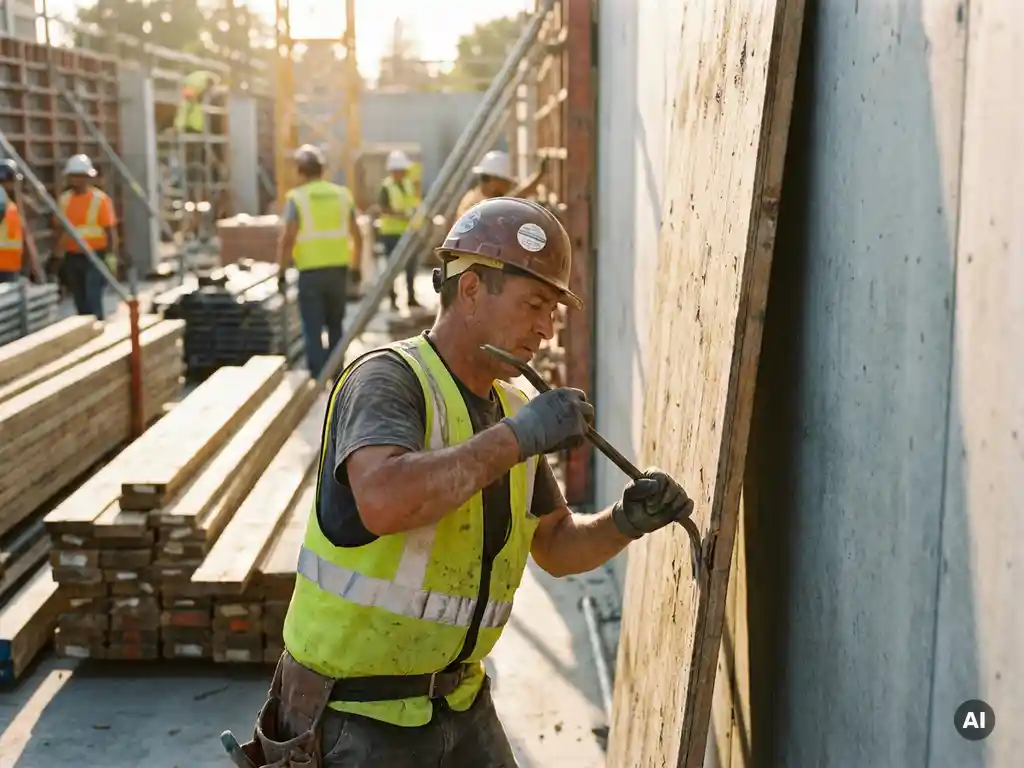 Bouwvakker verwijdert houten bekistingspaneel van vers gestorte betonwand in warme middagzon.